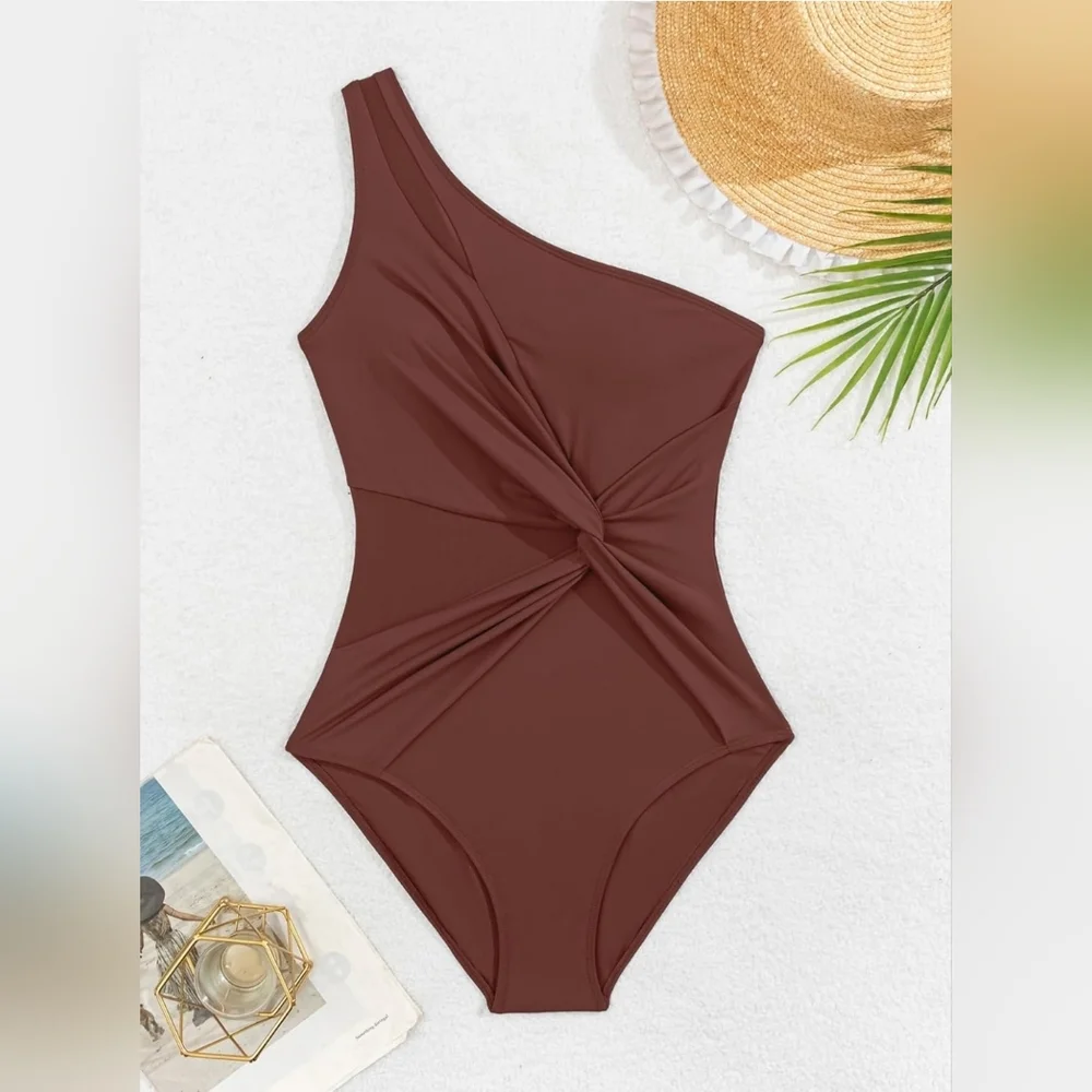 One Shoulder One Piece Swimsuit for Women Mesh Tummy Control Bathing Suit Twist